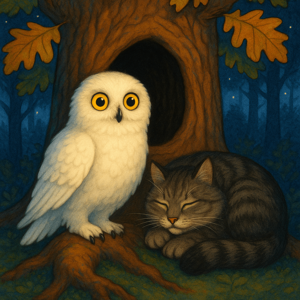 Белая сова и дикий лесной кот у дупла дуба ночью
