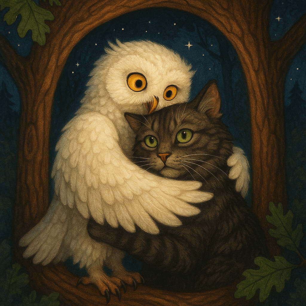 Сова обнимает кота и произносит заклятие