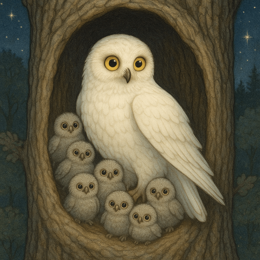 Сова и семь совят в дубовом дупле ночью