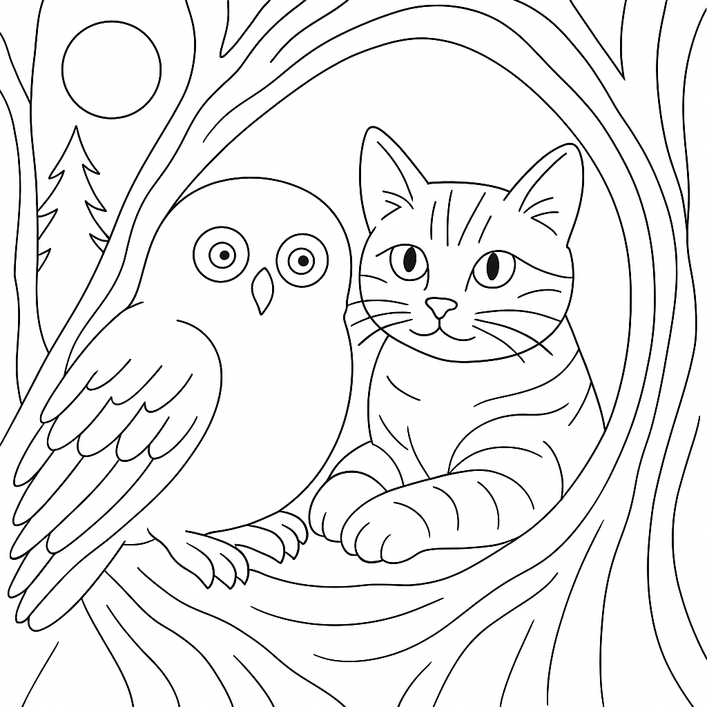 Раскраска по сказке "Сова и кот"