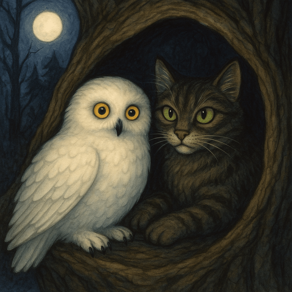 Сова и кот лежат вместе в дупле