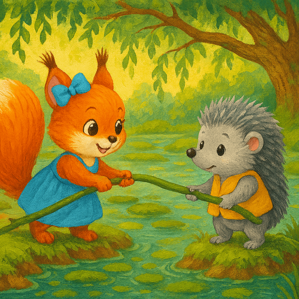 Белка Маша помогает ежику Гоше перебраться через широкое болото