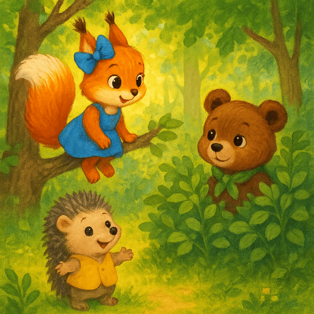 Белка Маша с ветки замечает Кузю, Гоша встречает его среди лесных кустов