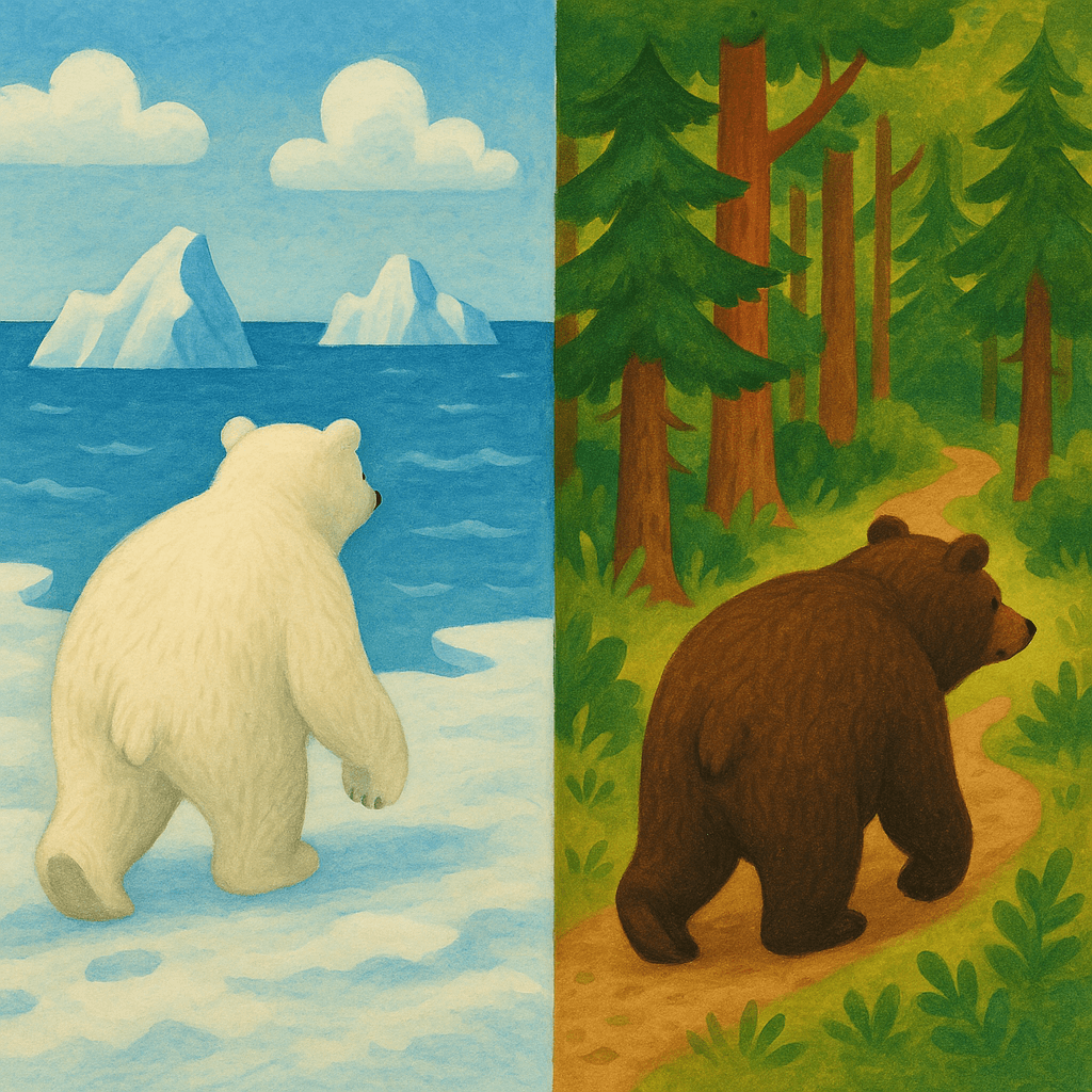 Один медведь уходит по льду к морю другой — в лес