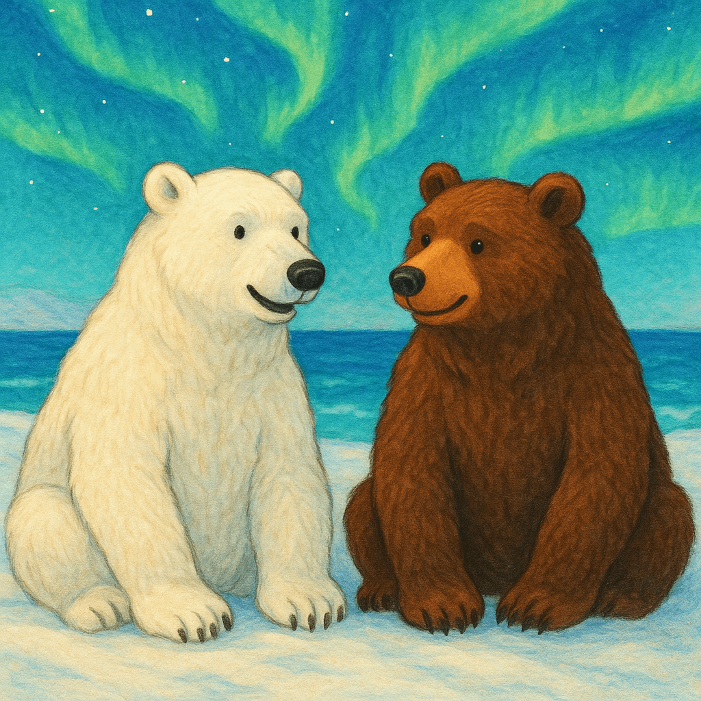 Белый и бурый медведь сидят вместе и мирно разговаривают на берегу моря