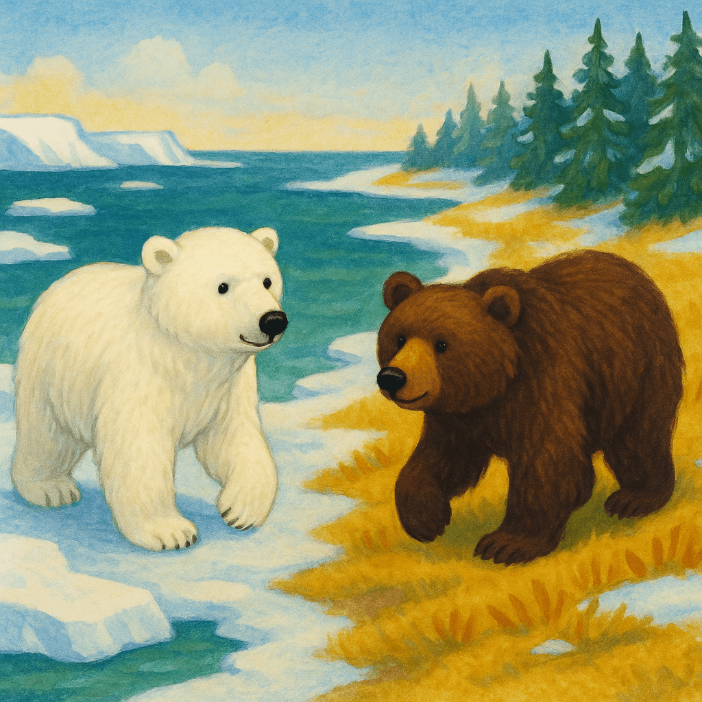 Белый медведь подходит к морю по льду, а навстречу ему по тундре идёт бурый медведь