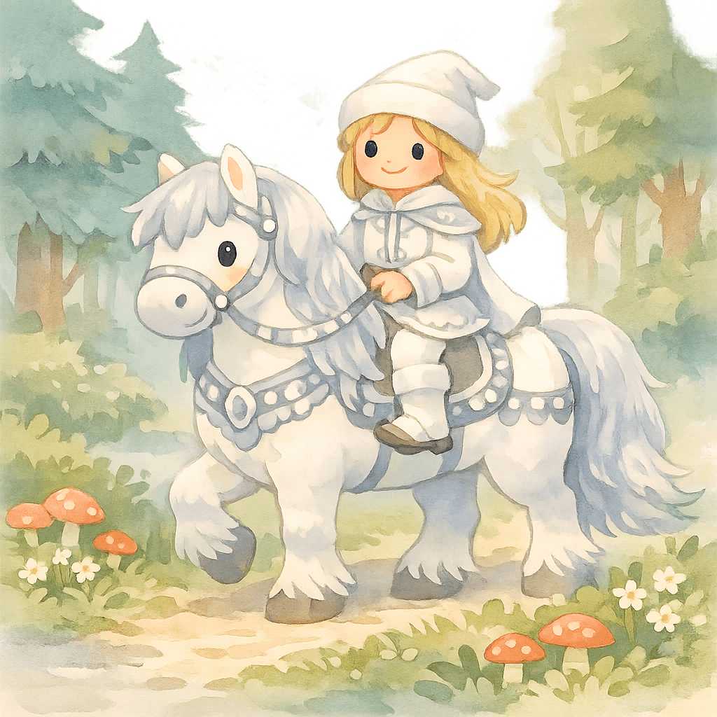 Белый всадник на белом коне появляется на фоне леса и рассвета