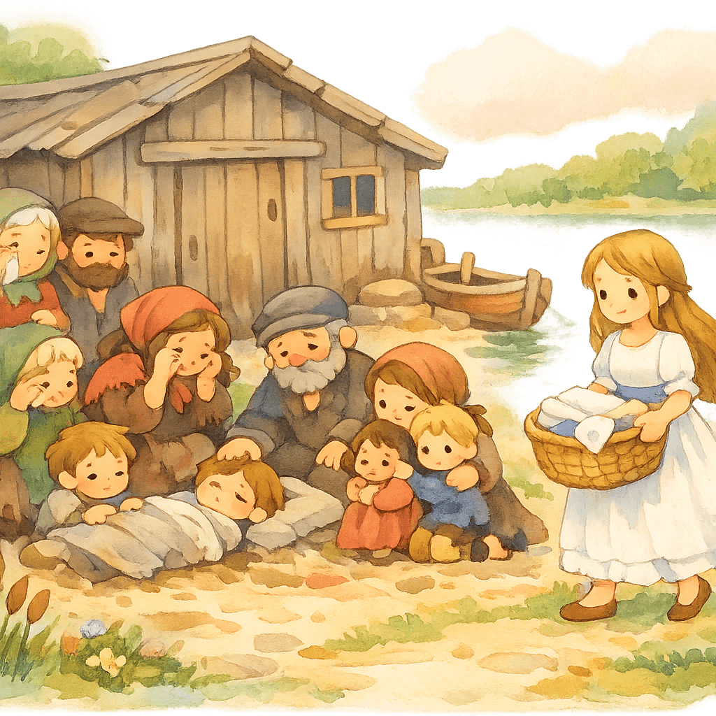 Марта в белом платье подходит к печальной группе у хижины на берегу