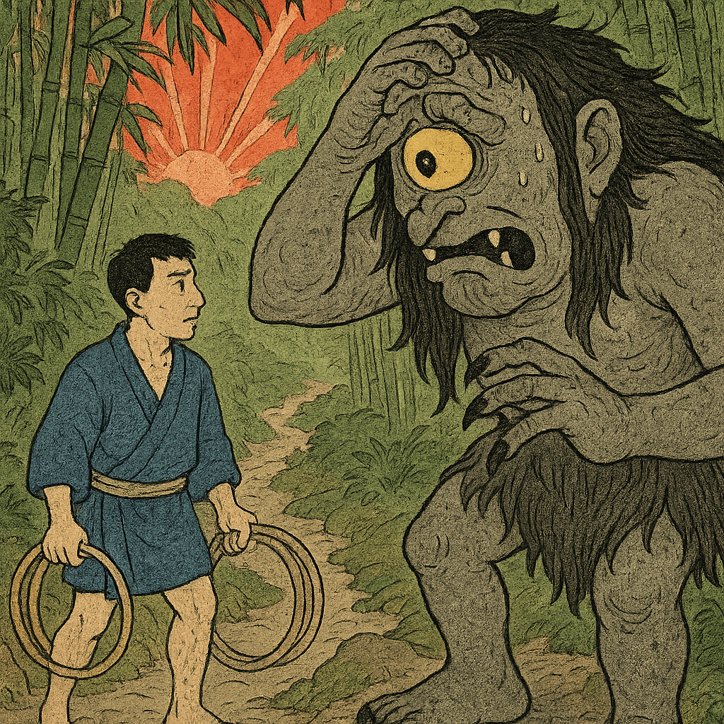 Бочар с бамбуковыми обручами и горное чудище Омои на тропинке в бамбуковом лесу