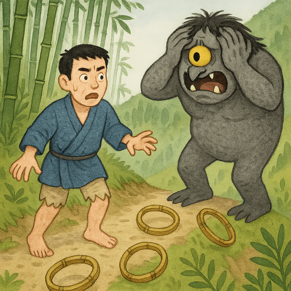 Обручи катятся с тропинки, ударяя Омои по лбу, Омои испуган