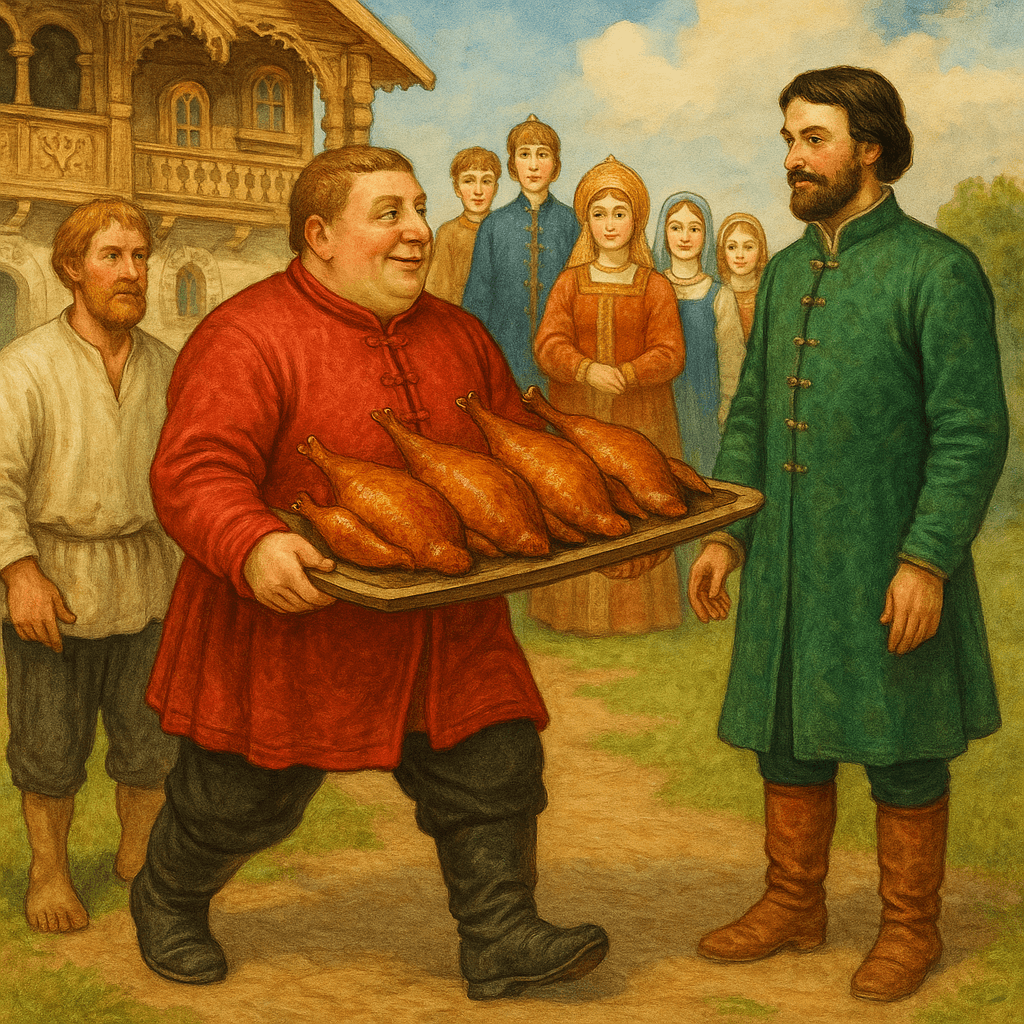 Богатый мужик несёт пять жареных гусей барину