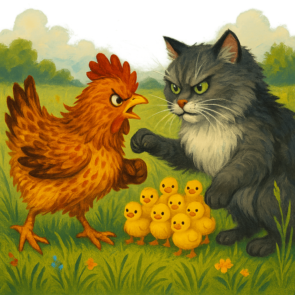 Курочка Ряба храбро защищает утят и прогоняет усатую кошку.