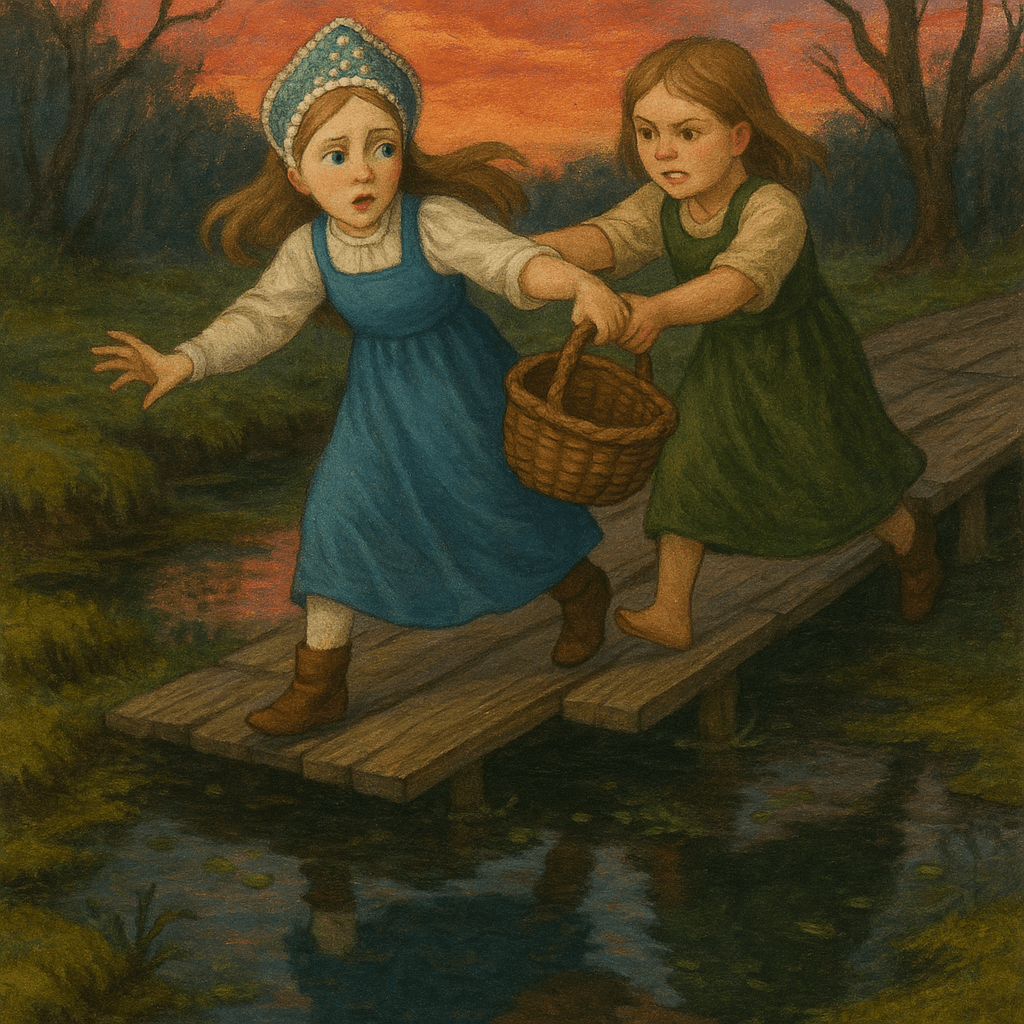 Мачехина дочь сталкивает сироту с мостков в болото