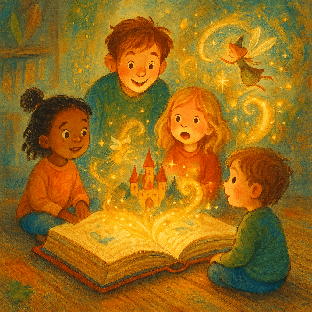 Открытая книга сказок, вокруг дети