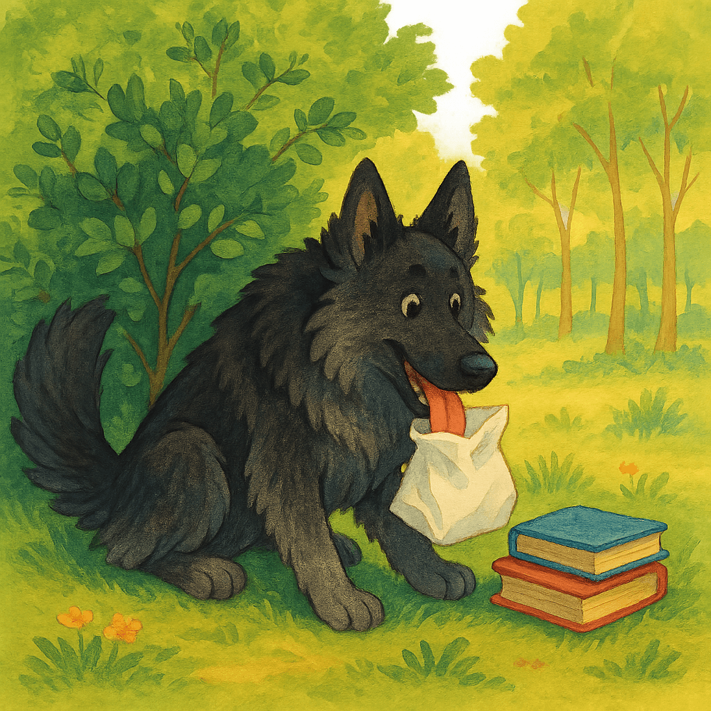 Овчарка под кустом ест завтрак, рядом лежат книги в весенней роще.