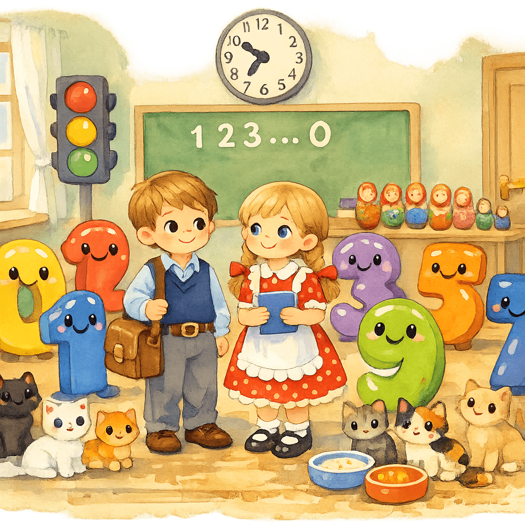 Дети в классе среди оживших цифр, светофора, матрёшек и котят; часы показывают 8:50.