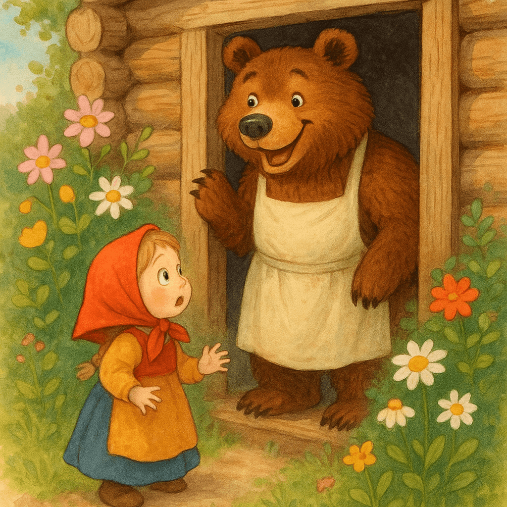 Медведь встречает Машеньку у двери избушки