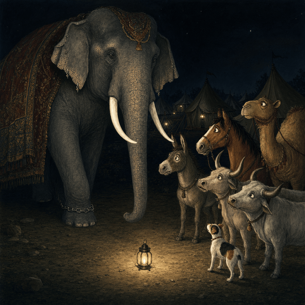 Слон подходит к кругу животных ночью в армейском лагере.