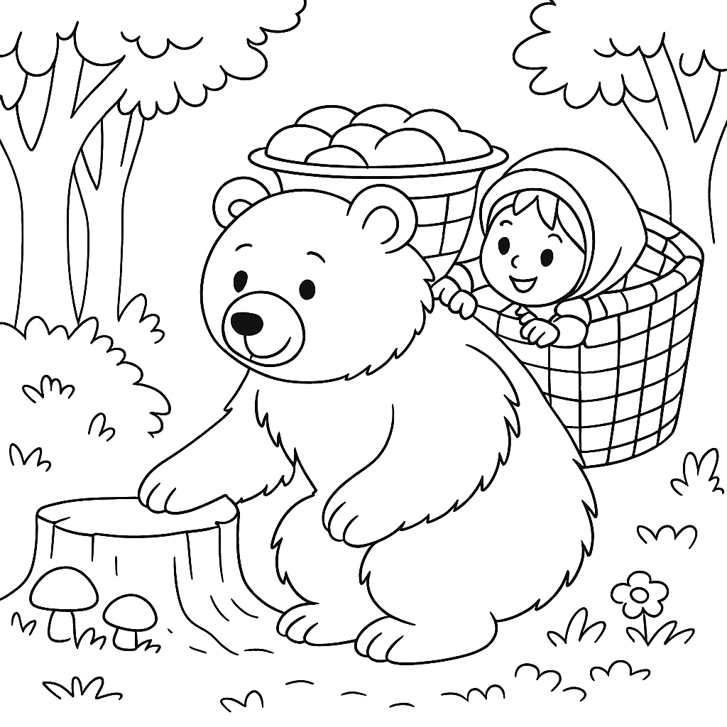 Раскраска по сказке "Маша и медведь - русская народная сказка"