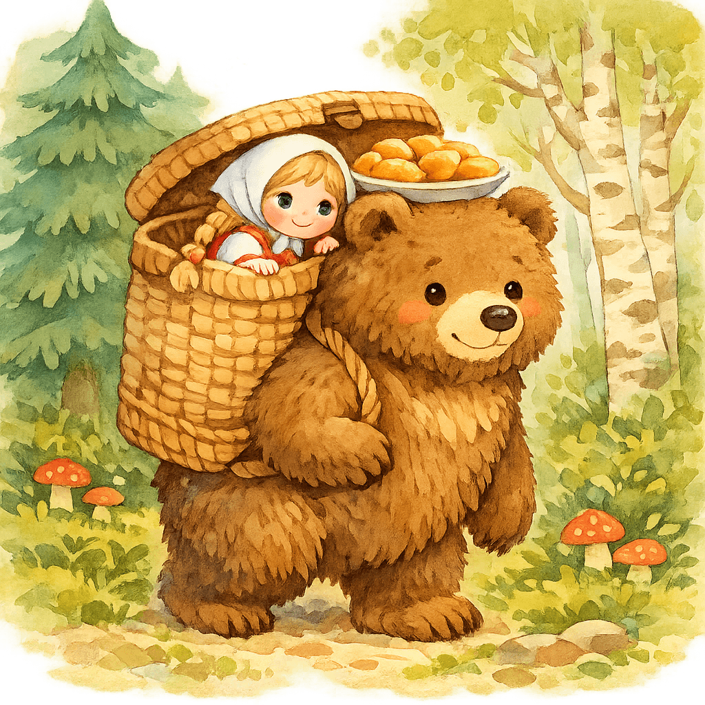 Медведь несёт короб с Машей через лес