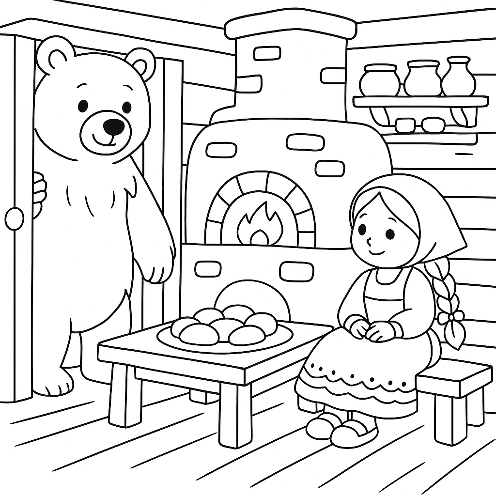 Раскраска по сказке "Маша и медведь - русская народная сказка"