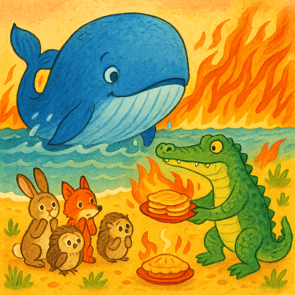 Кит просит помощи, крокодил тушит огонь пирогами и блинами.