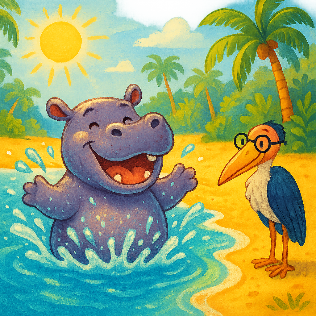 Бегемот купается на пляже, Марабу смотрит на него