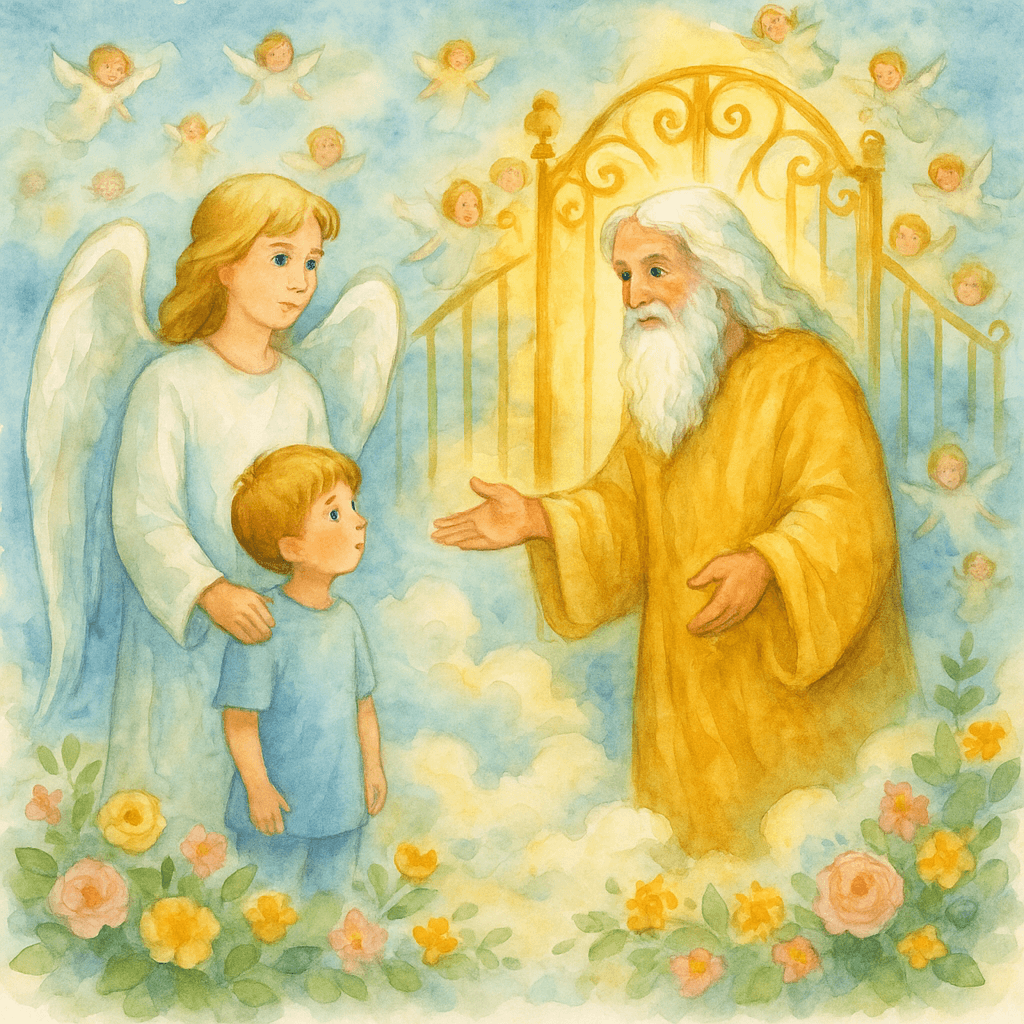 Бог встречает ангела и мальчика у небесных врат среди множества ангелов и цветов.