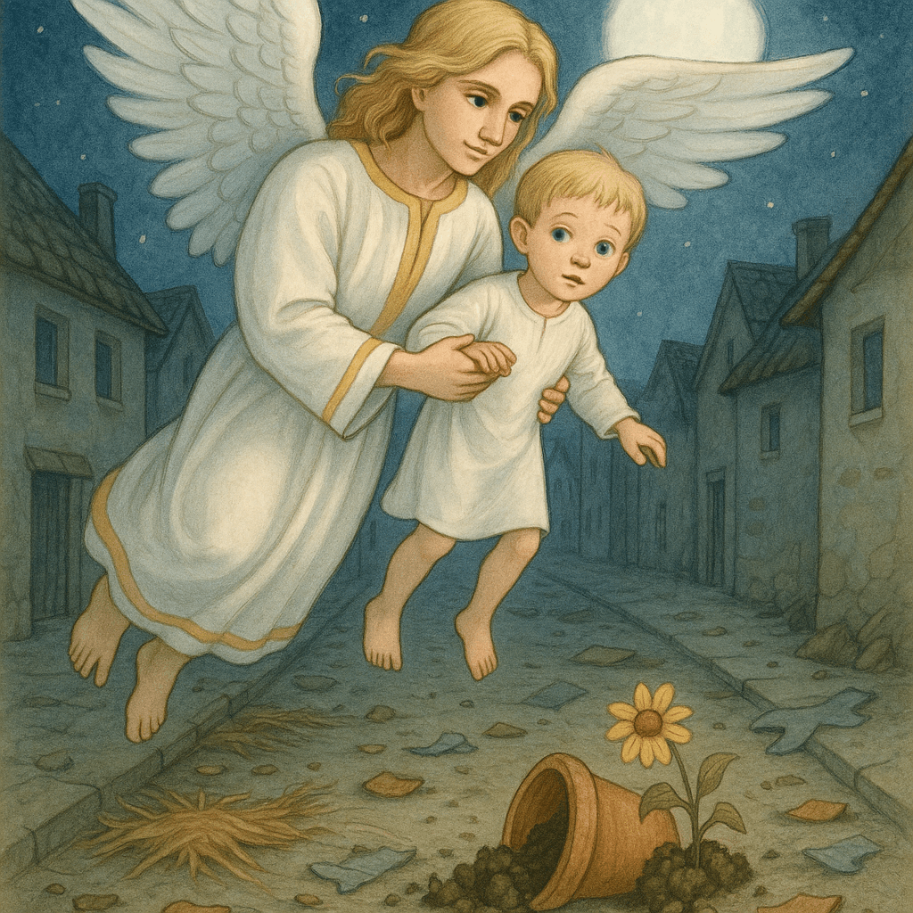 Ночная улица, среди мусора — разбитый горшок с засохшим цветком.