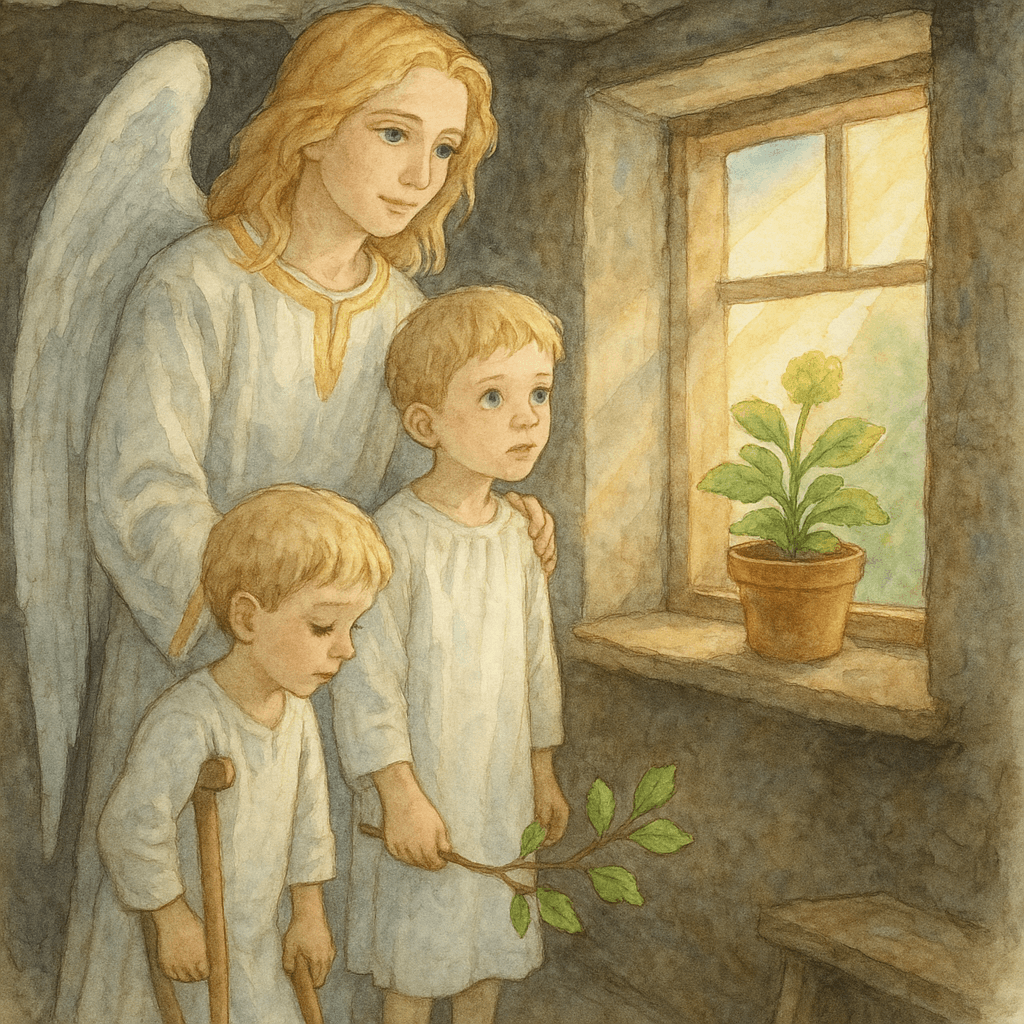 Мальчик на костылях в бедном подвале поливает любимый цветок на окне.