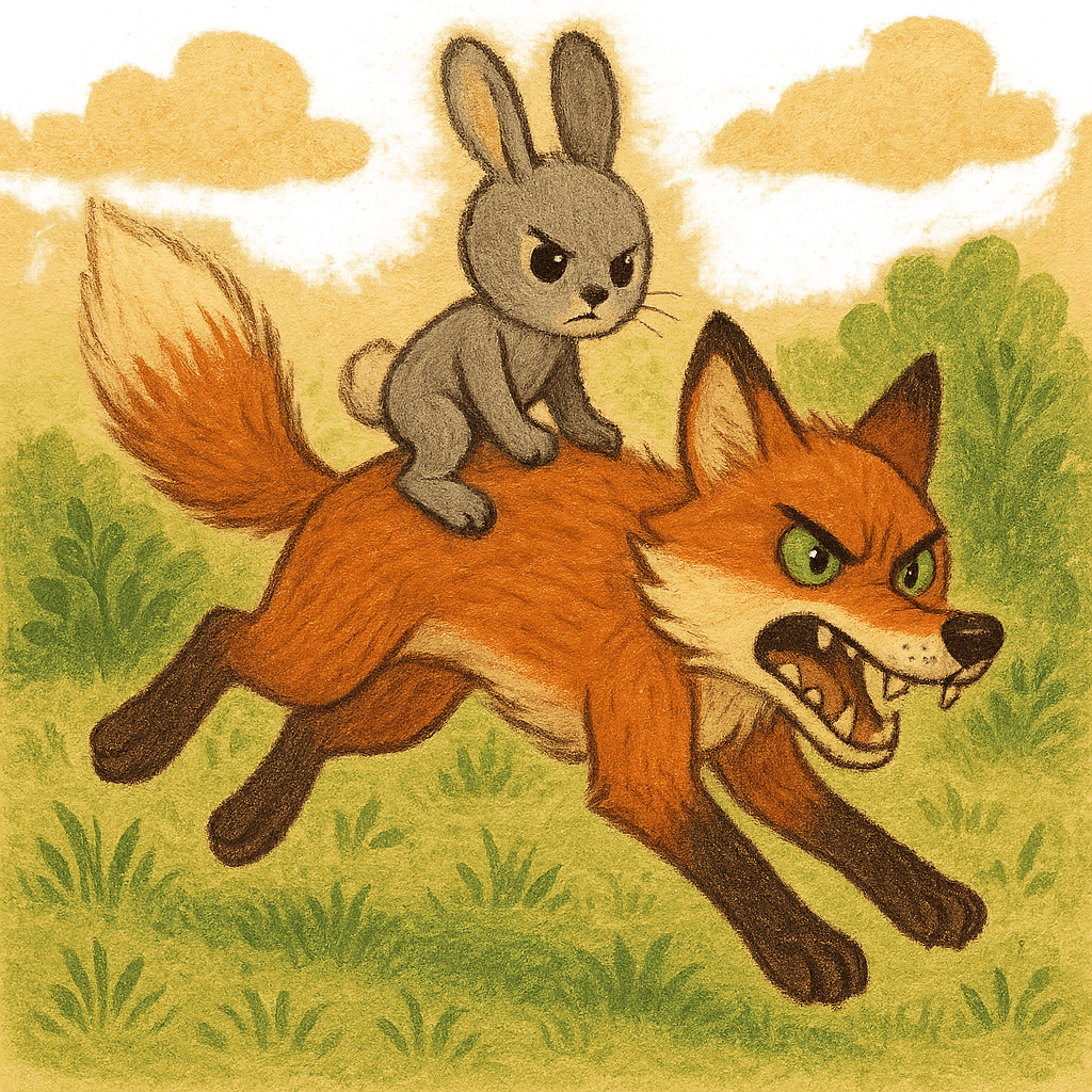 Братец Лис скачет и злится, Братец Кролик держится на спине.