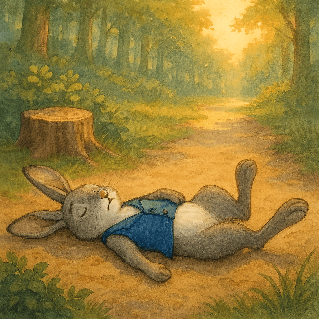 Братец Кролик лежит посреди лесной дороги, рядом пенёк, он притворяется мёртвым.
