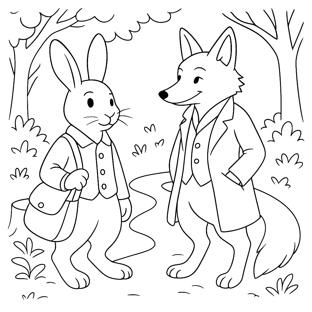 Раскраска по сказке "Как братец лис охотился, а добыча досталась братцу кролику"