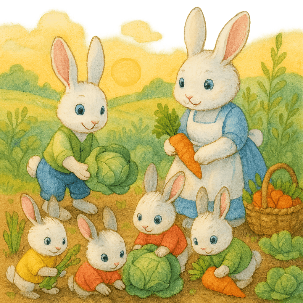 Кроличья семья собирает овощи в огороде