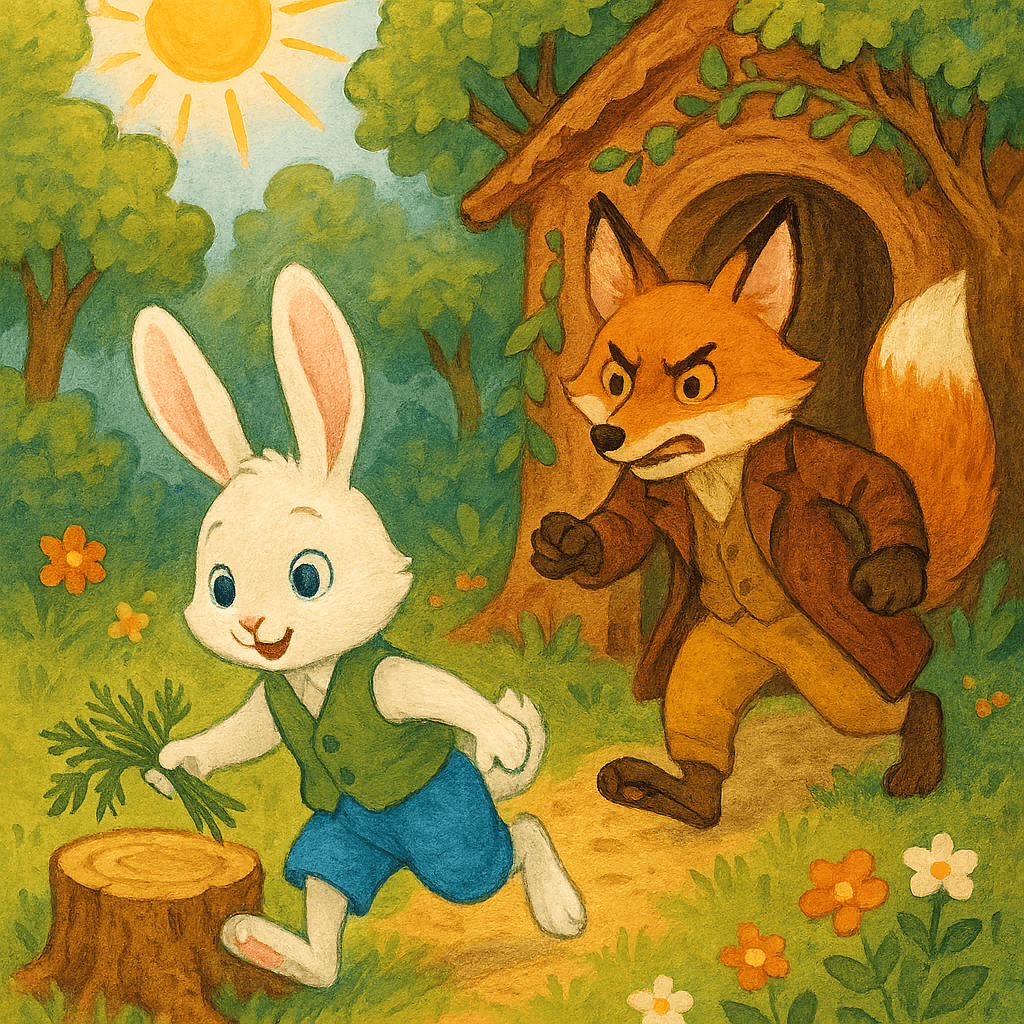 Братец Кролик убегает от Братца Лиса, оставляя укроп на пне