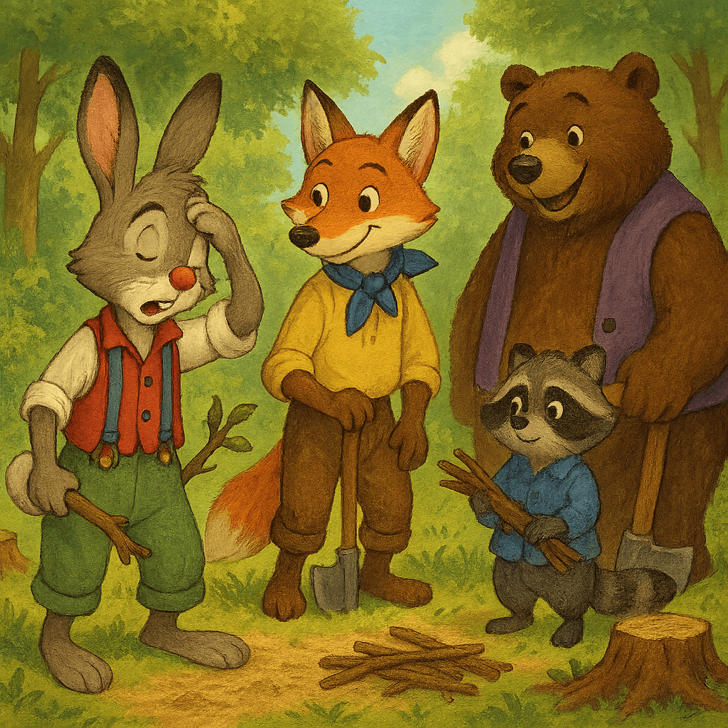 Братец Кролик и друзья работают на лесной делянке, солнце светит сквозь деревья