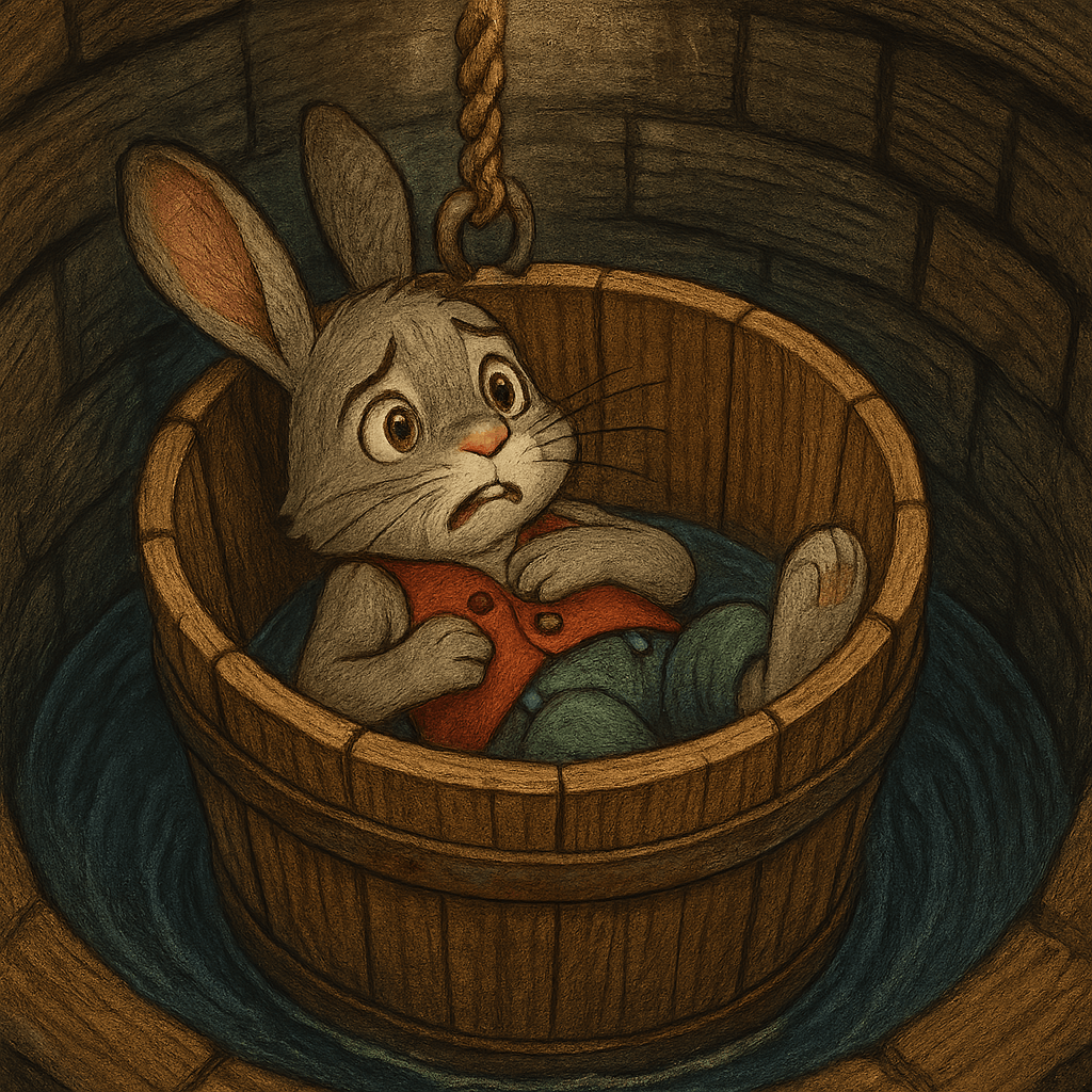 Братец Кролик лежит перепуганный на дне колодца в ведре