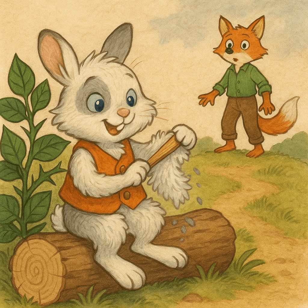 Братец Кролик вычёсывает смолу, а Братец Лис смотрит издалека.