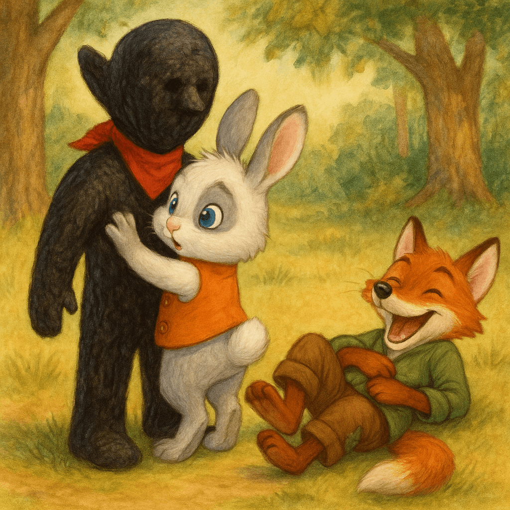 Братец Кролик приклеился к чучелу, а Братец Лис катится по земле от смеха.