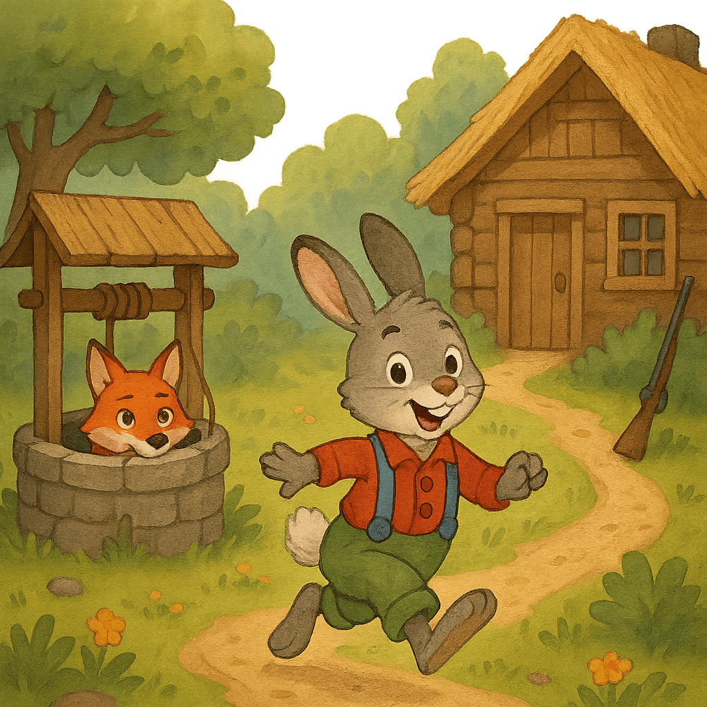 Братец Кролик убегает по тропинке от колодца, Братец Лис в ведре внизу
