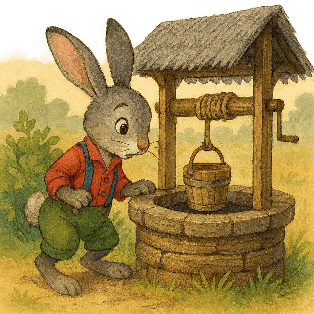 Братец Кролик заглядывает в колодец, рядом колодезное ведро