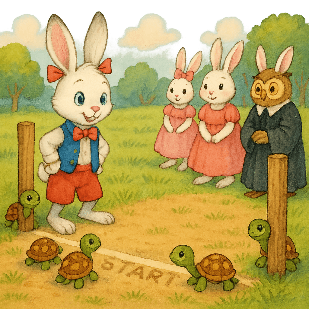 К старту готовятся Кролик, Черепахи и зрители возле дорожки