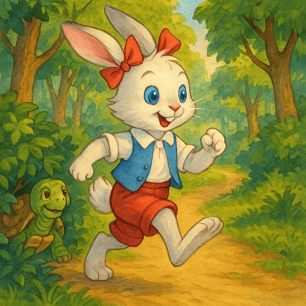 Братец Кролик скачет по дороге, а из кустов выглядывает Братец Черепаха