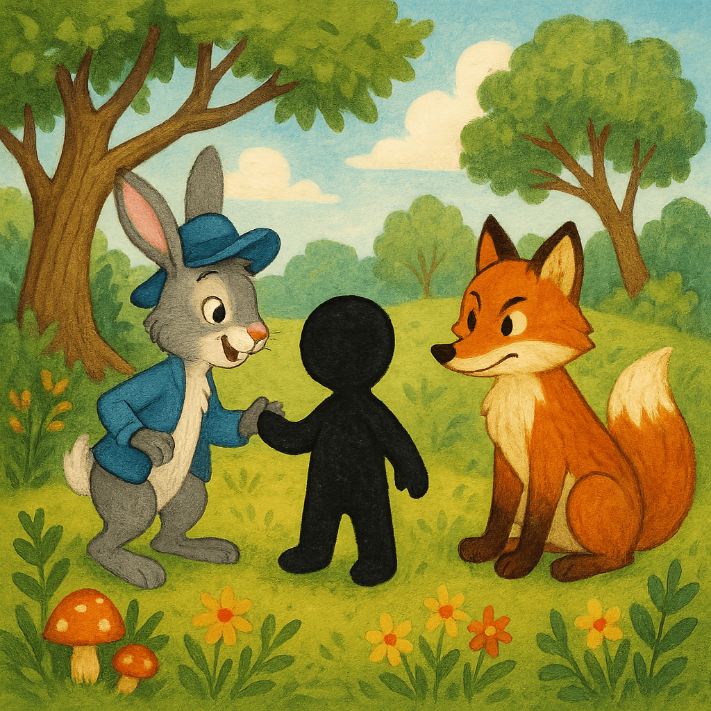 Обложка: Братец Кролик (серый с розовыми ушами в синей шляпке), Братец Лис (рыжий с белым кончиком хвоста) и Смоляное Чучелко (чёрный человечек из смолы без лица), все трое на лесной поляне летом; яркий добрый стиль детской сказки. Без текста, только персонажи и природа.