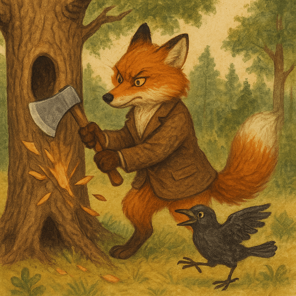 Братец Лис рубит дерево топором, Братец Сарыч прыгает рядом