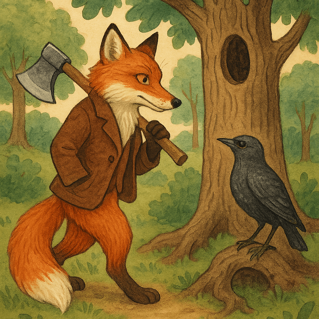 Братец Лис с топором идёт из леса к дереву, где сидит Братец Сарыч