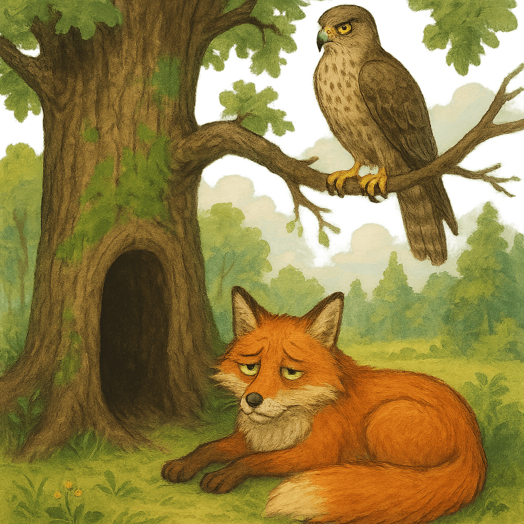 Братец Лис у дупла; на ветке рядом наблюдает Братец Сарыч.