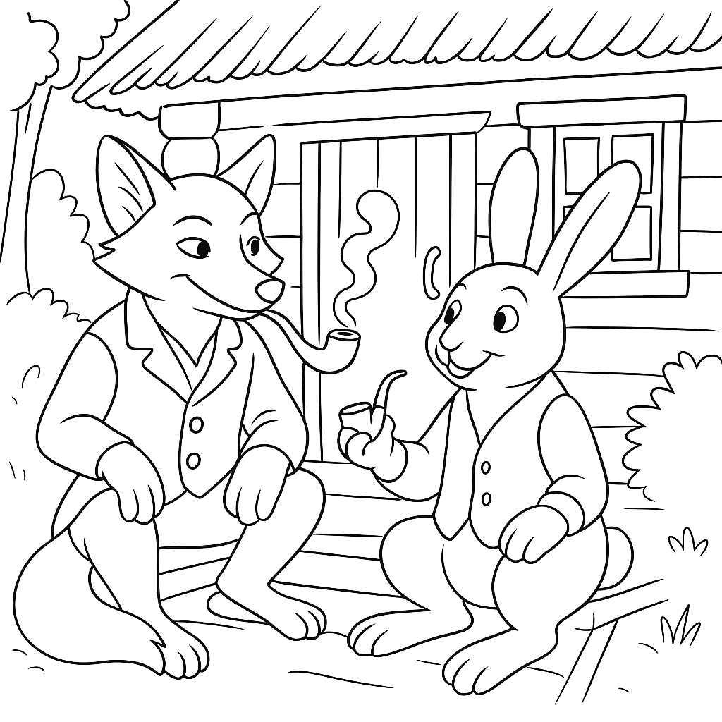 Раскраска по сказке "Как братец лис охотился, а добыча досталась братцу кролику"