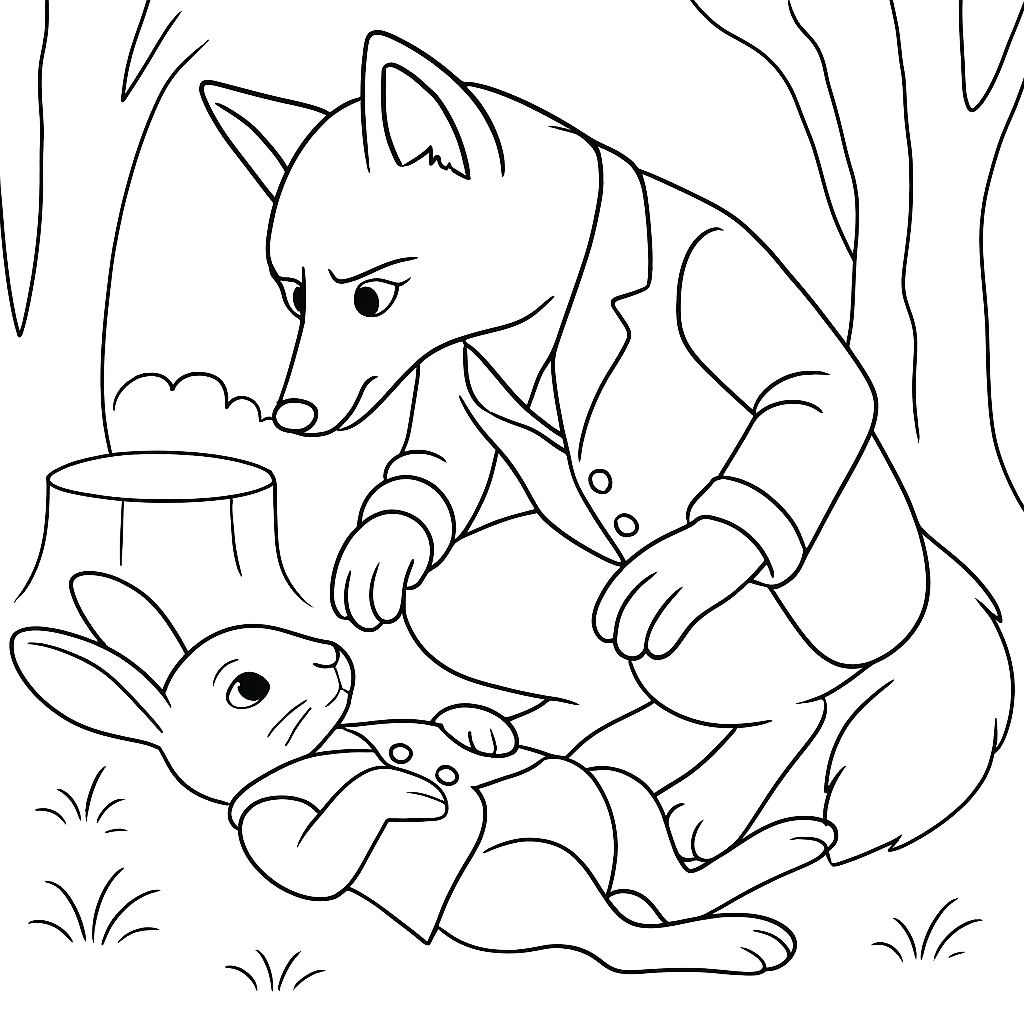 Раскраска по сказке "Как братец лис охотился, а добыча досталась братцу кролику"