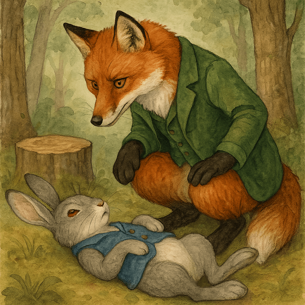 Братец Лис внимательно рассматривает Братца Кролика, который притворился мёртвым.